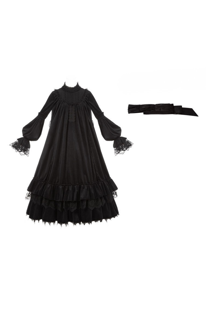 Gothic Doll Multi-tiered Dress + Belt + Fake Collar + Hairband