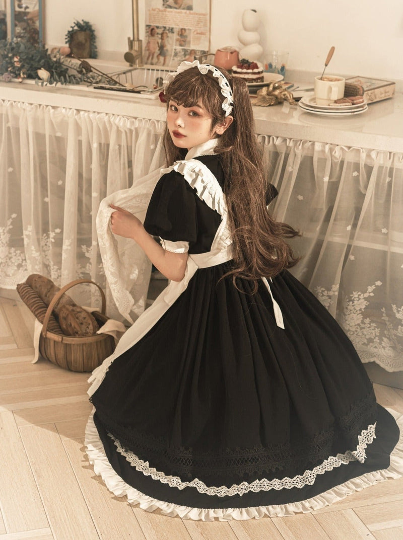 Front Ribbon Lantern Long Sleeve Maid Dress + Ruffle Big Ribbon Apron