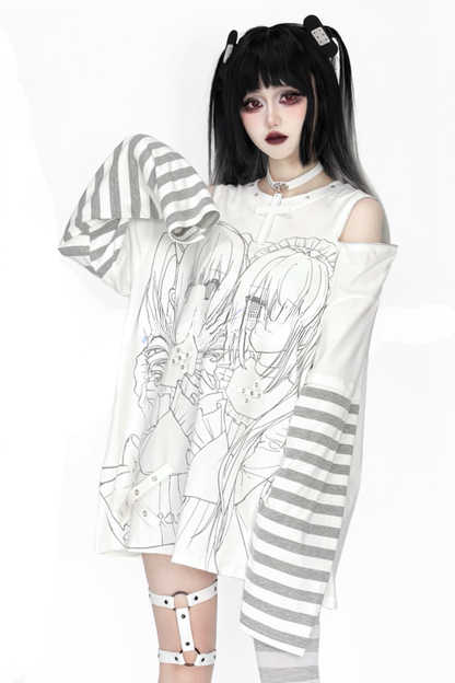 Off-shoulder Top With Subculture Comic Style Print