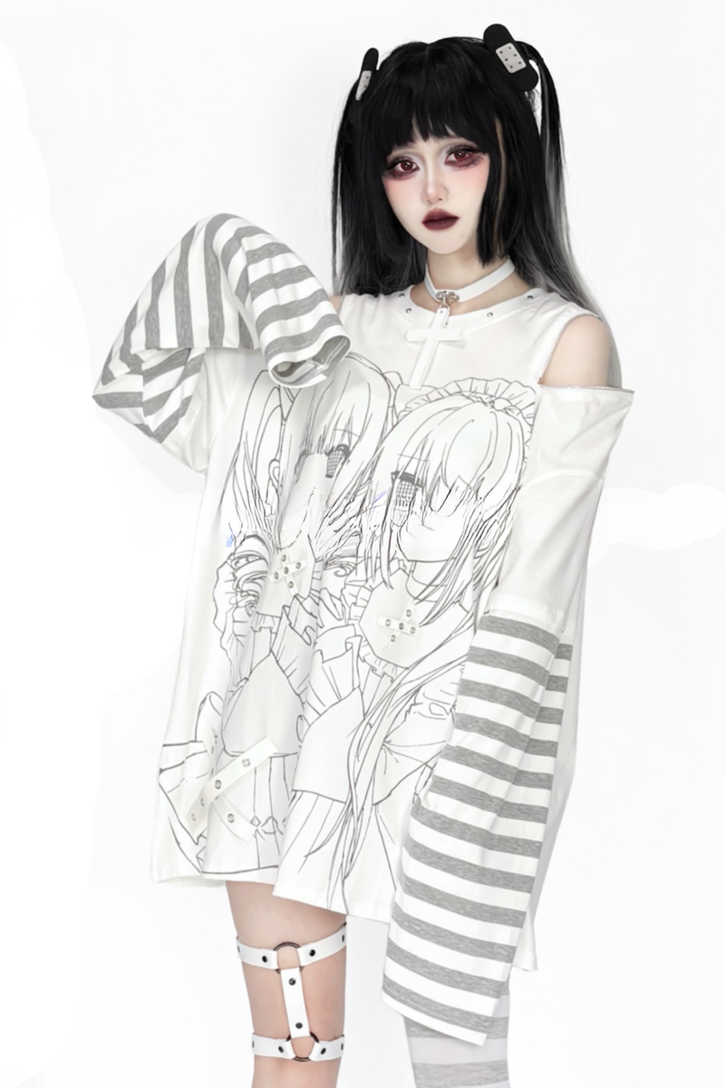 Off-shoulder Top With Subculture Comic Style Print