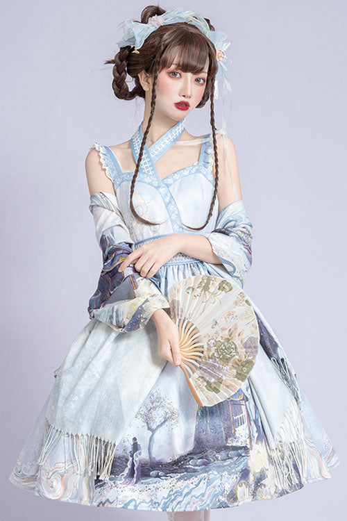 Light Blue Landscape Garden Chinese Style Print High Waisted Ruffled Classic Lolita Jsk Dress