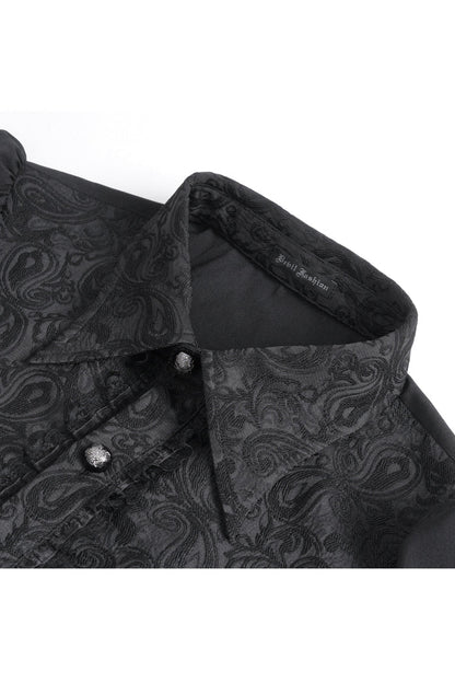 Black Lapel Collar Lantern Sleeves Jacquard Embroidery Gothic Blouse