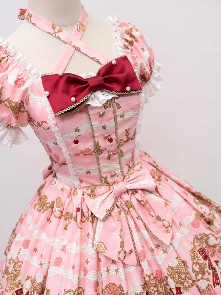 [pre-order Deadline: April 26] Retro Romance Sweet Lolita Ribbon Cake Print Halter Neck Dress