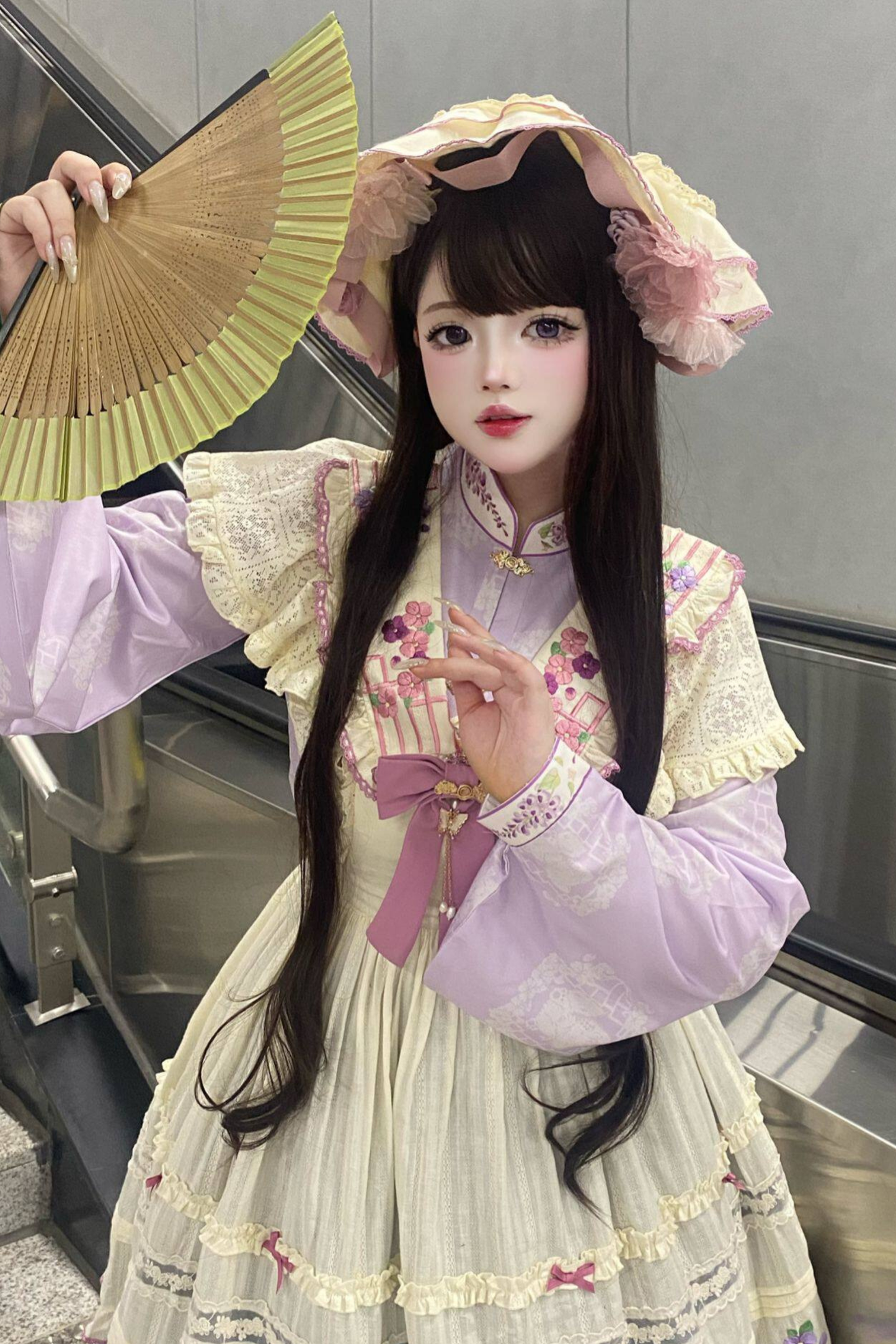 Chinese-style Lolita Top + Skirt + Apron + Headband + Bonnet