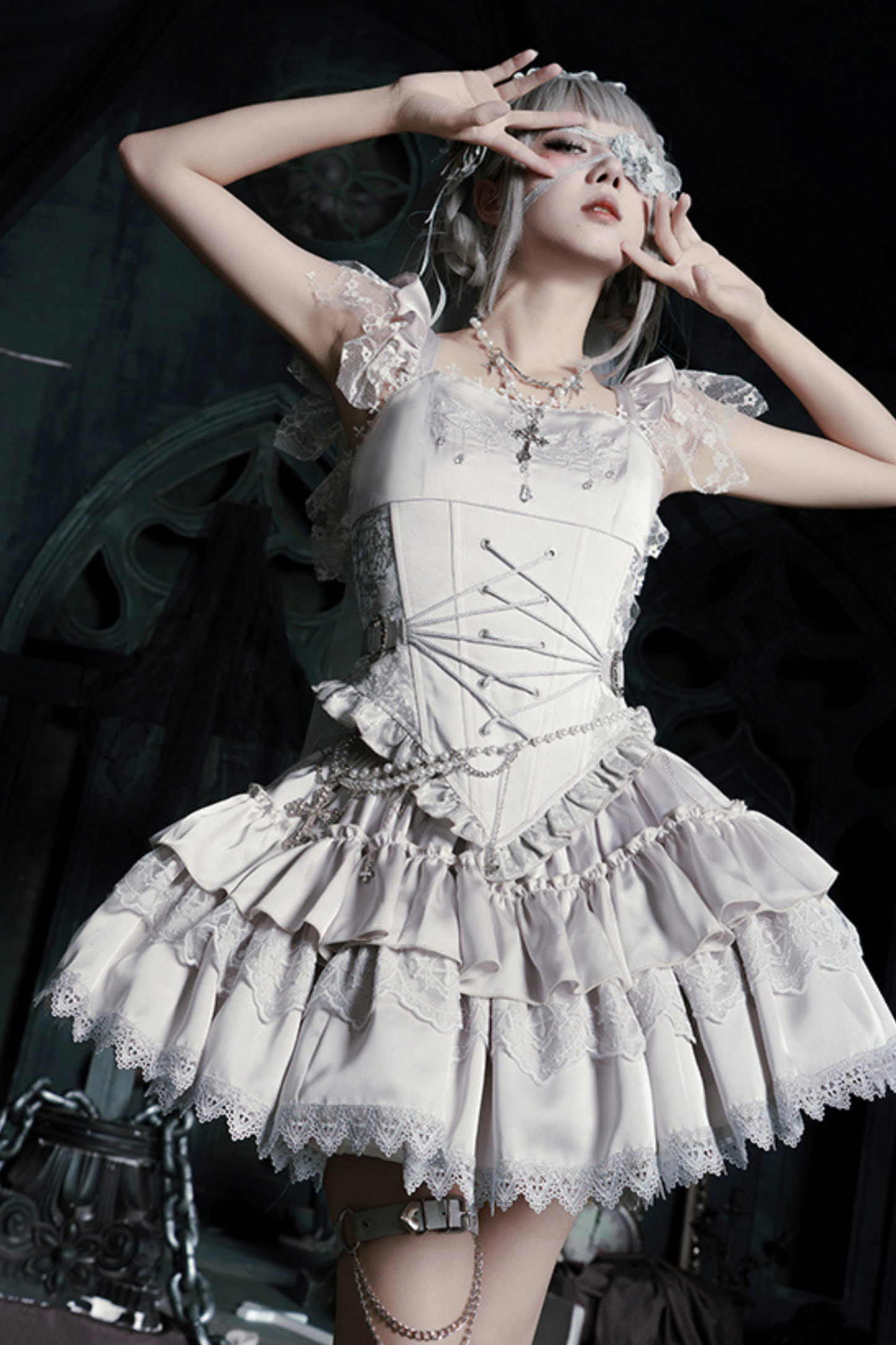 Gothic Lolita Skirt + Corset + Veil + Necklace + Waist Chain