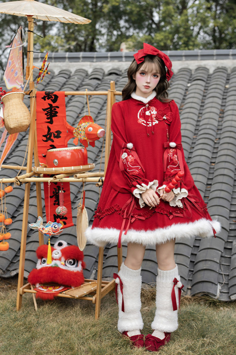Chinese-style Big Sleeve Dress + Apron + Skirt + Leg Warmers + Hairband + Clip + Pin