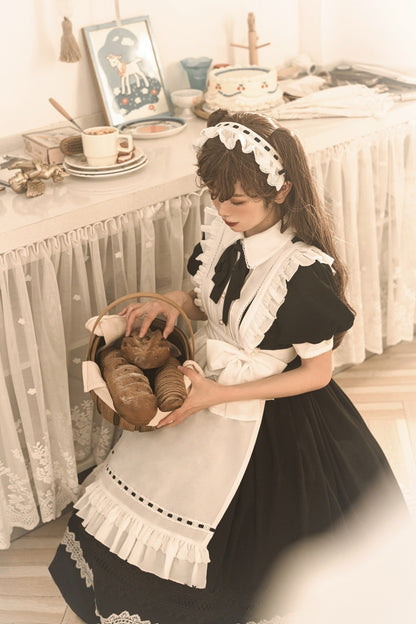 Front Ribbon Lantern Long Sleeve Maid Dress + Ruffle Big Ribbon Apron