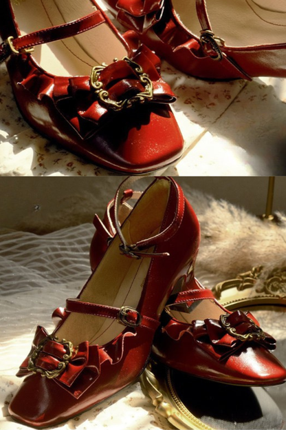 Leather Ribbon Ruffle Lolita Heels