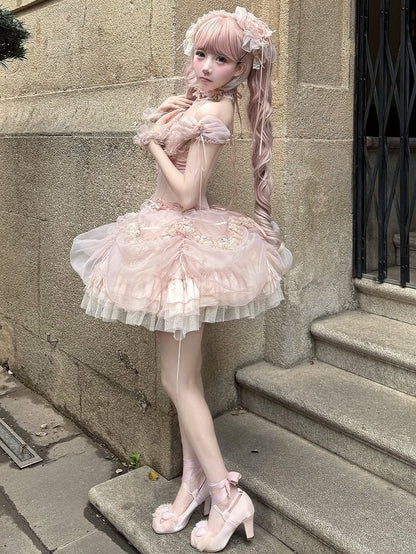 [pre-order Deadline: May 13] Pink Ballet Lolita Lace Ribbon Bustier Corset Top + Pull-up Tulle Tiered Skirt Set + Back Ribbon Train