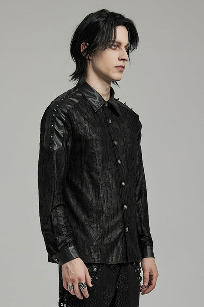 Black Lapel Collar Long Sleeves Faux Leather Stitching Punk Blouse