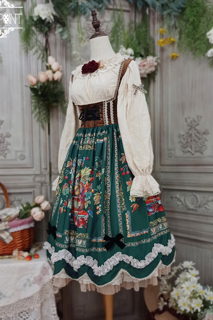 Green [ode to Plenty] Berries and Birds Print Ruffle Bowknot Velvet Classic Lolita Breast Support Jsk Dress