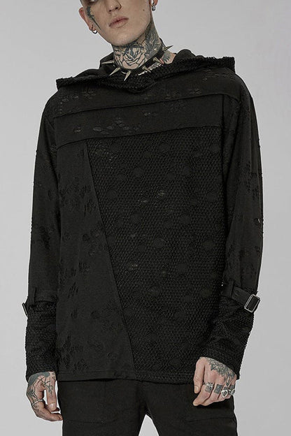 Black Punk Ripped Knit Mesh Surface Splicing Detachable Ring Sleeve Webbing Hooded T-shirt