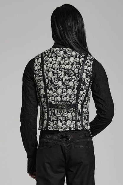 White/black Contrast Sleeveless Skulls Print Jacquard Hollow Gothic Vest
