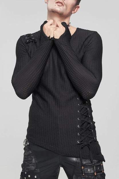 Black Gothic Asymmetry Drawstring Decoration Coarse Net Shirt