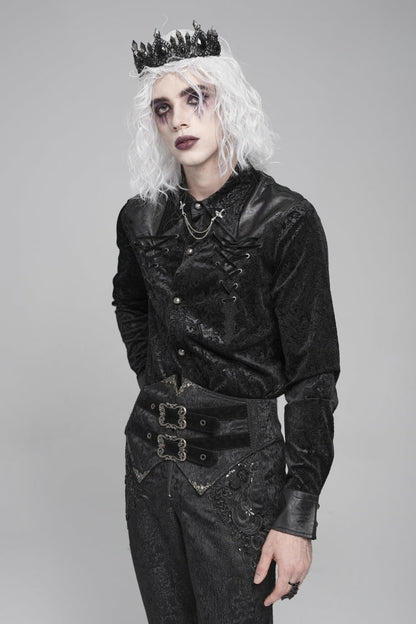 Black Lapel Collar Long Sleeves Print Embroidery Lace-up Gothic Blouse