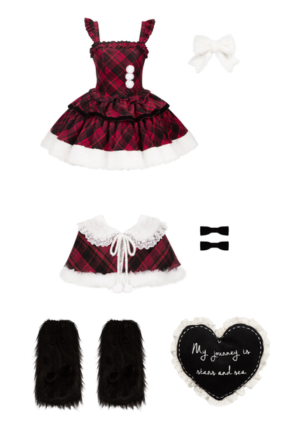 Checked Doll Jumper Skirt + Bow Brooch + Pin + Love Brooch + Shawl + Top + Leg Warmers