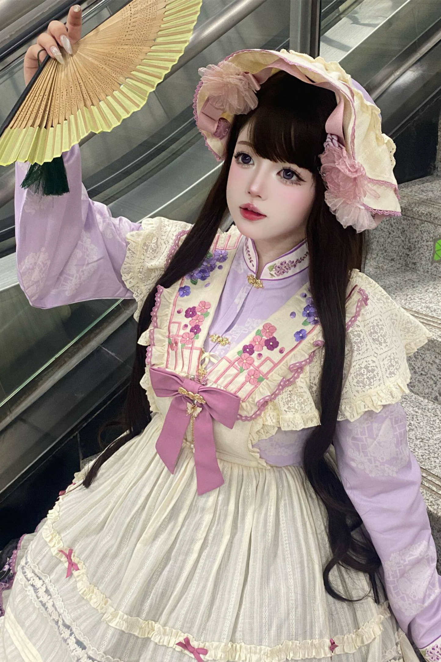 Chinese-style Lolita Top + Skirt + Apron + Headband + Bonnet