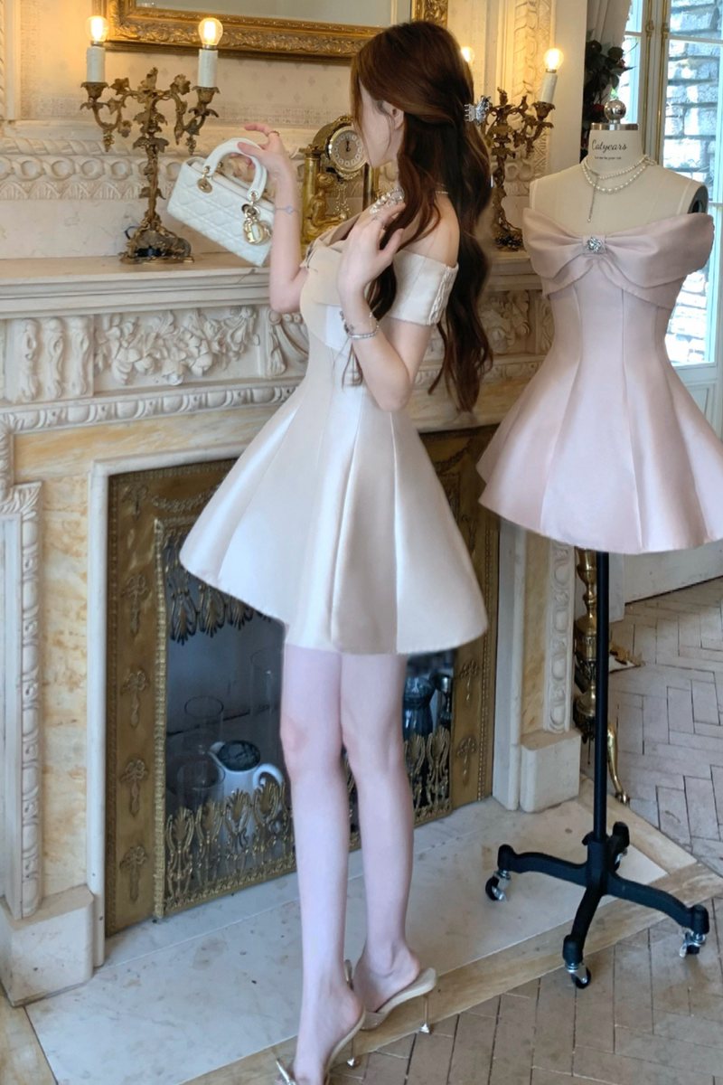 Off Shoulder Ribbon Short Flare Dress + Long Flare Dress