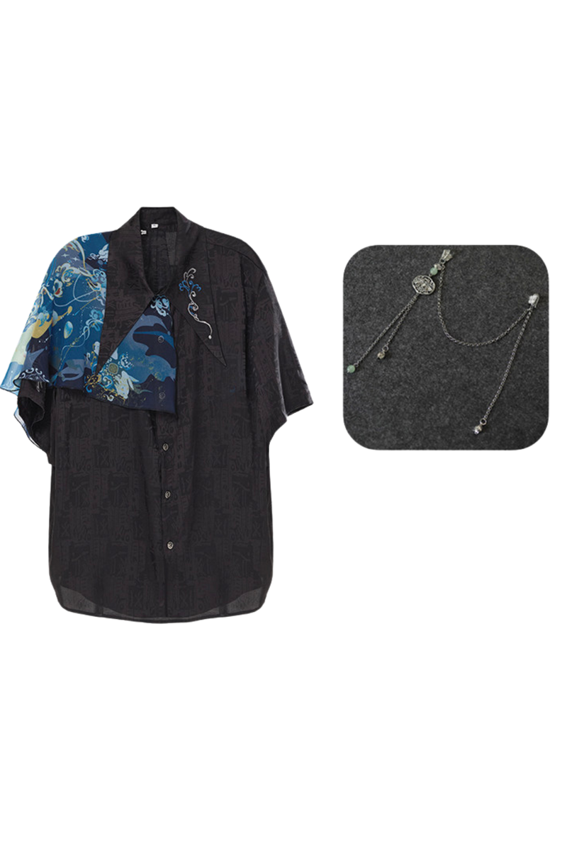 Dark Chinese-style Shirt + Wide Leg Pants + Chain + Belt