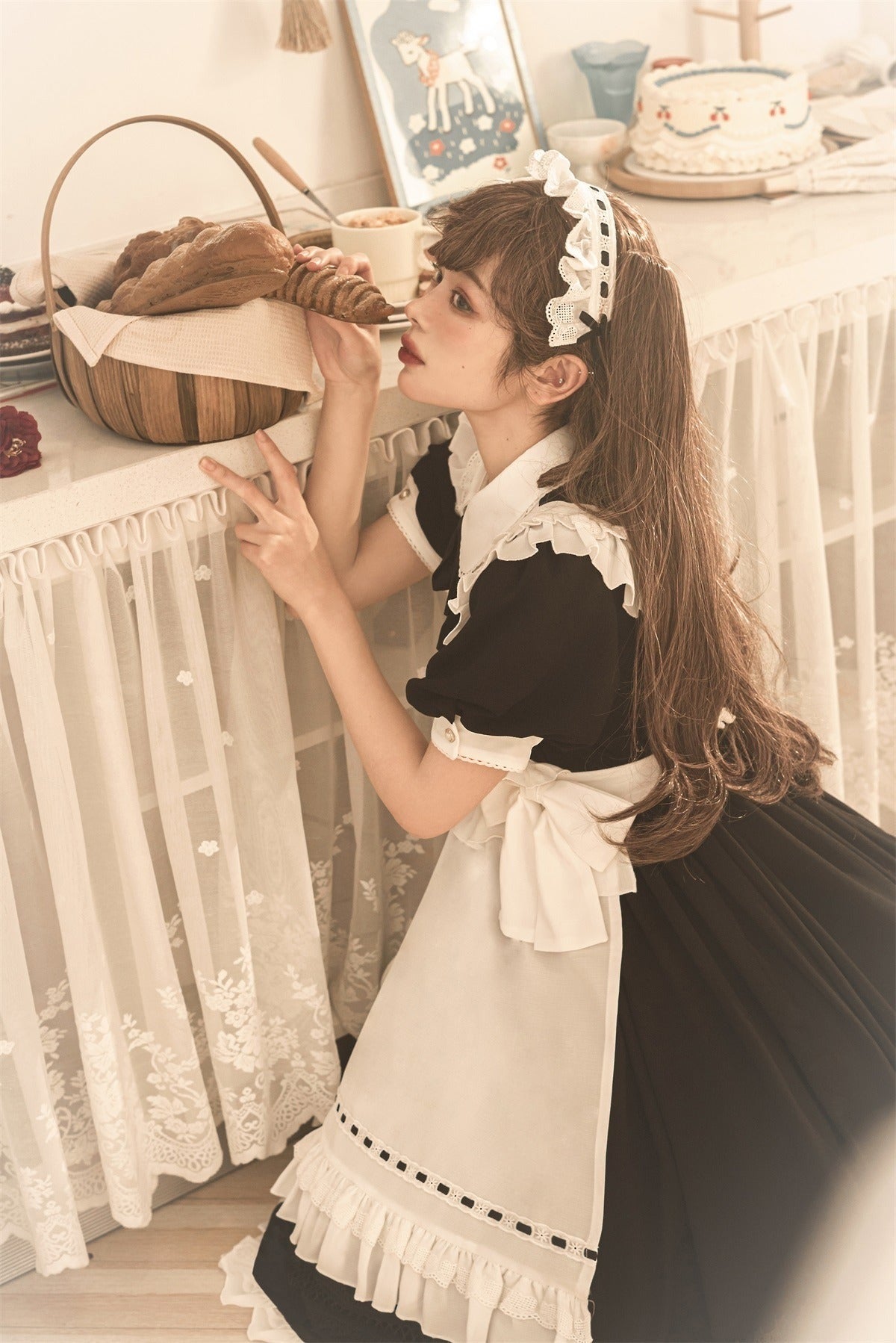 Front Ribbon Lantern Long Sleeve Maid Dress + Ruffle Big Ribbon Apron