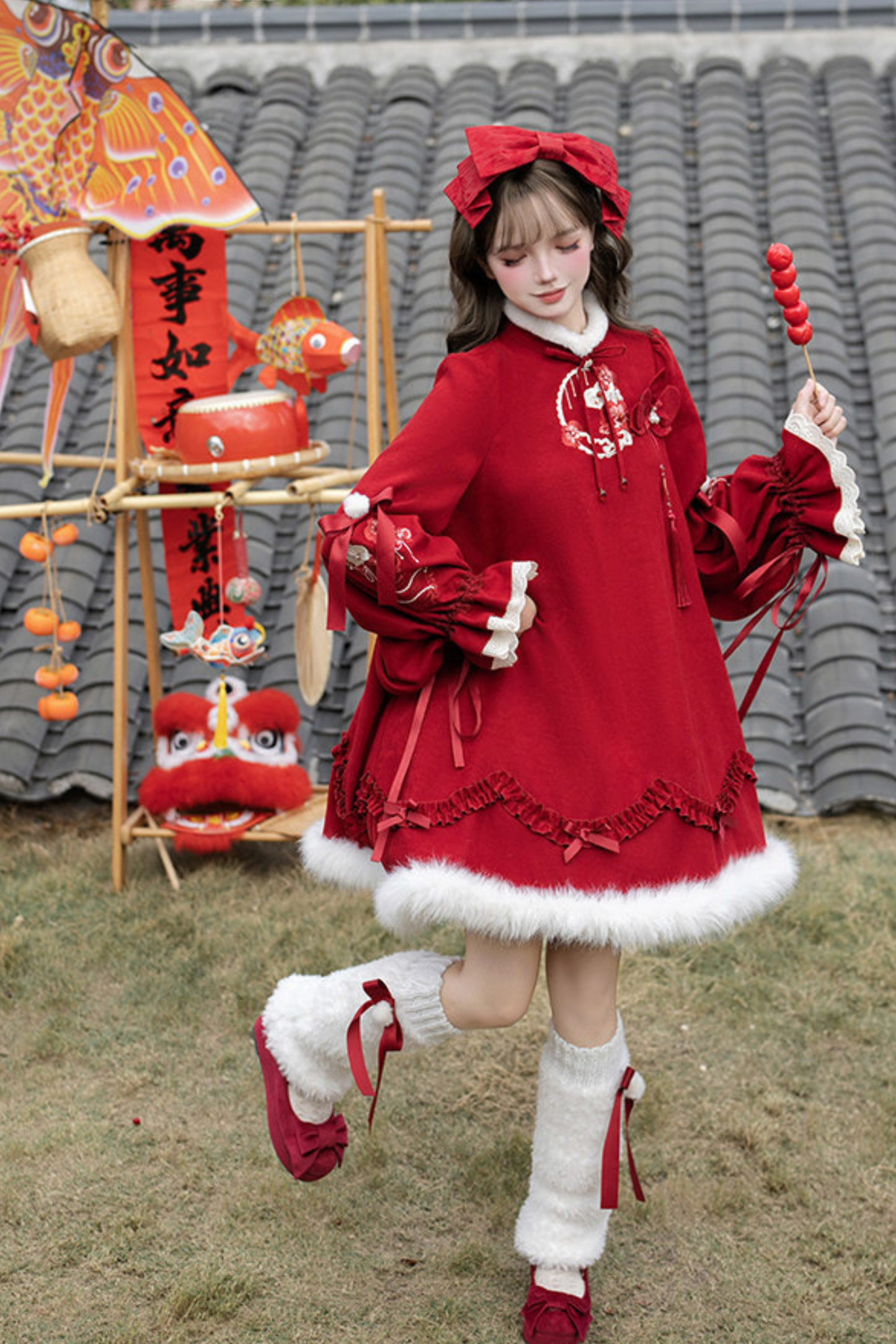 Chinese-style Big Sleeve Dress + Apron + Skirt + Leg Warmers + Hairband + Clip + Pin