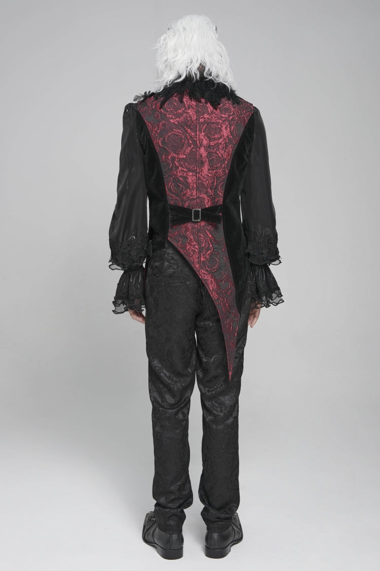 Black Long Sleeves Rose Print Irregular Contrast Color Gothic Vest With Detachable Feather Accessory