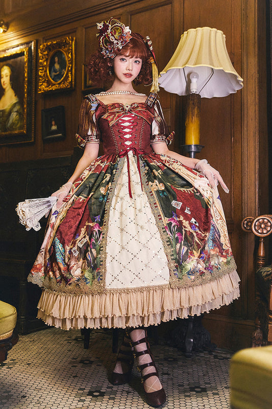 Red [kaleidoscope of Dreams] Double-layered Print Embroidery Bowknot Lace-up Classic Lolita Dress