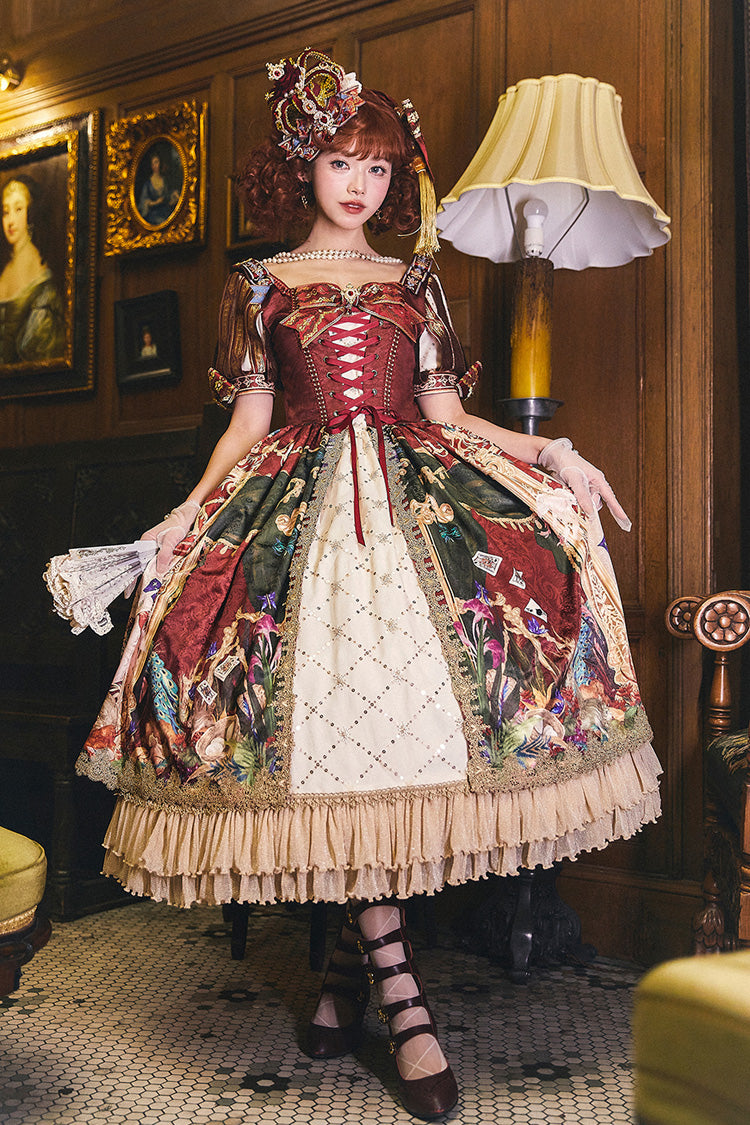 Red [kaleidoscope of Dreams] Double-layered Print Embroidery Bowknot Lace-up Classic Lolita Dress