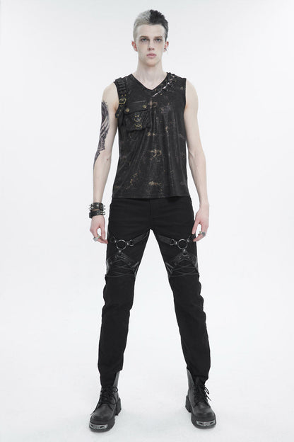 Black Personalized Print Big Pocket Buckle Punk Tank Top