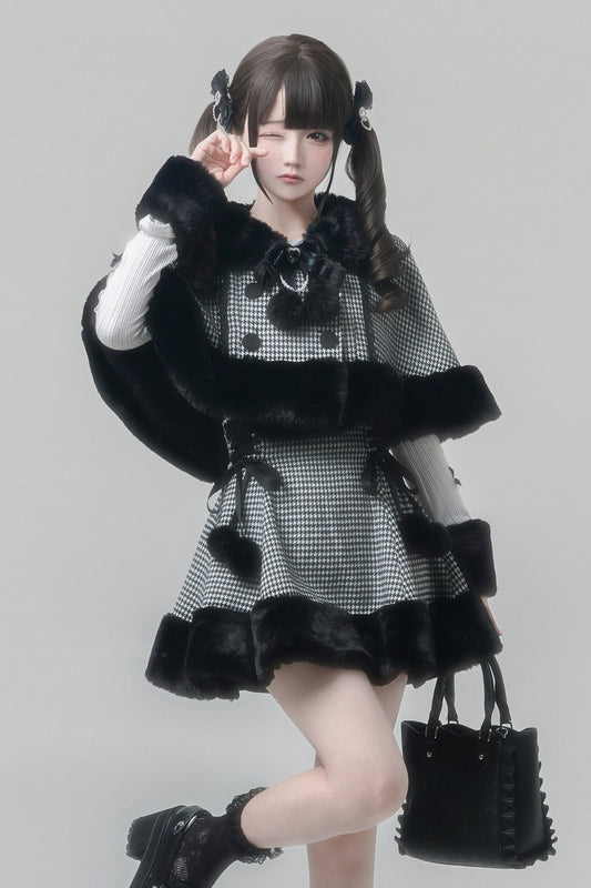 [reservation Deadline February 7th] Retro Check Black Fur Cape + Skirt + Inner Top