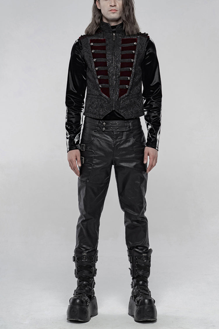 Black Jacquard Velvet Splice Weft Stand Up Collar Front Chest Breasted Decoration Gothic Vest
