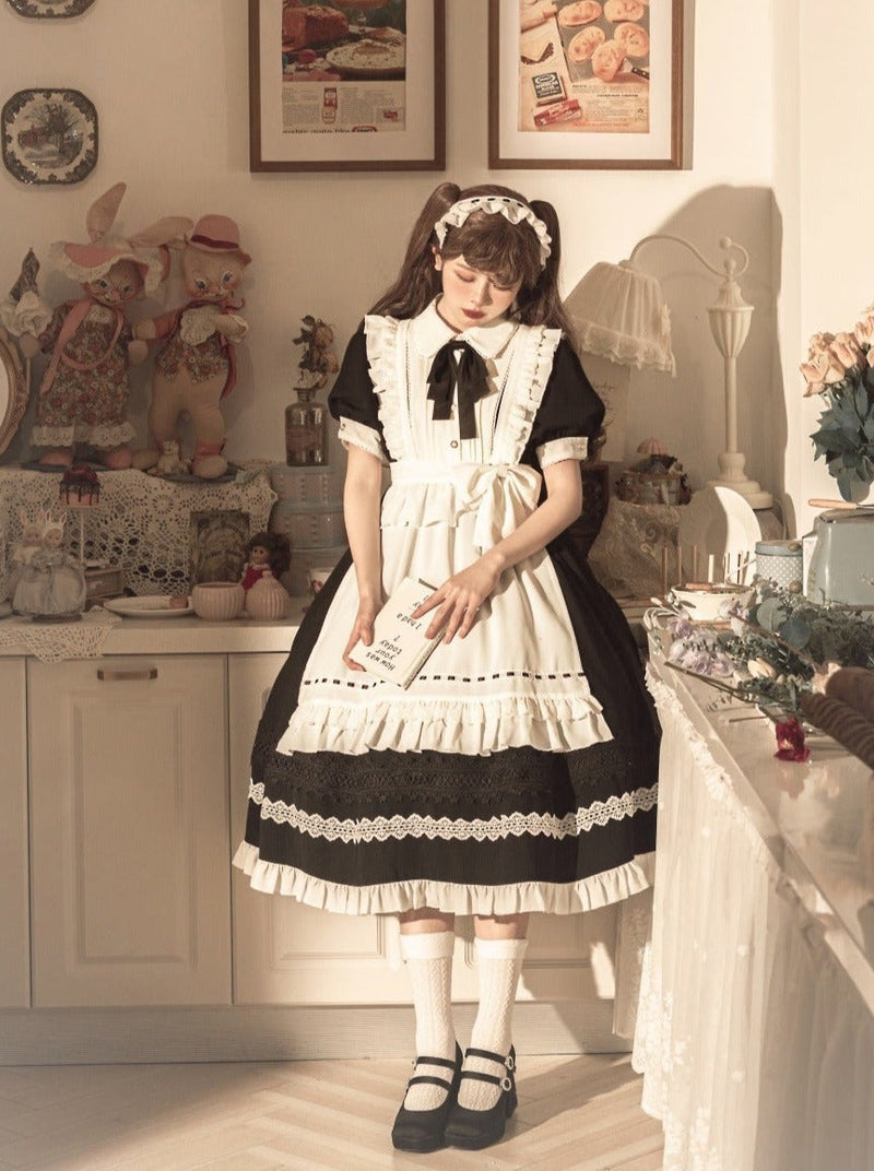 Front Ribbon Lantern Long Sleeve Maid Dress + Ruffle Big Ribbon Apron