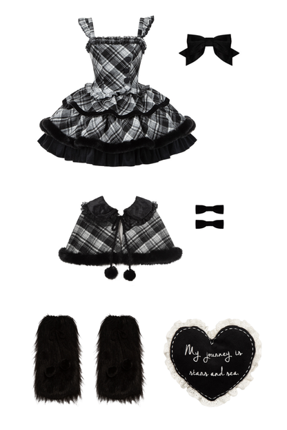 Checked Doll Jumper Skirt + Bow Brooch + Pin + Love Brooch + Shawl + Top + Leg Warmers