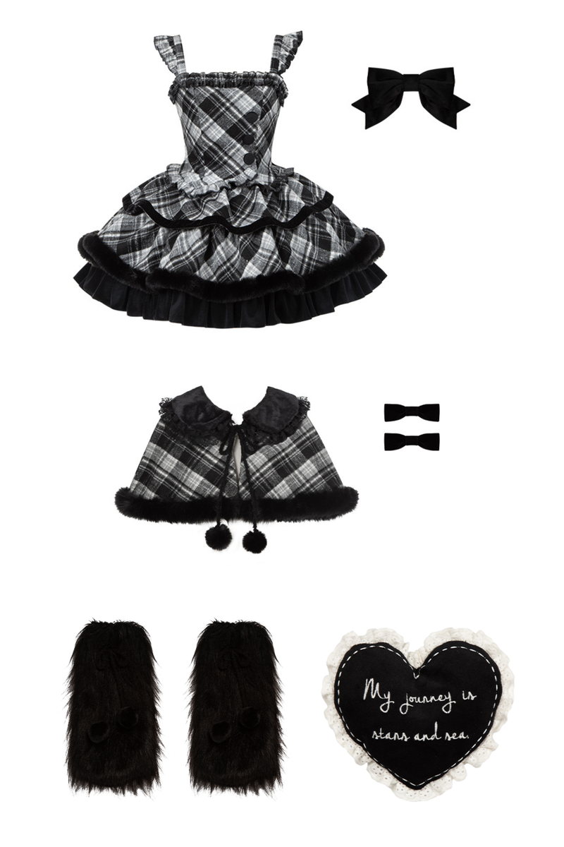 Checked Doll Jumper Skirt + Bow Brooch + Pin + Love Brooch + Shawl + Top + Leg Warmers