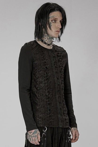 Black Punk Knitted Print Splicing Concave and Convex Webbing Decoration Long Sleeve T-shirt