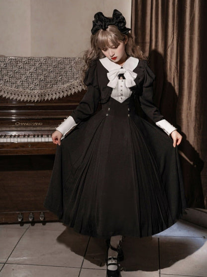 Lantern Sleeve Ruffle Short Jacket With Ribbon + Back Ribbon Suspender Dress