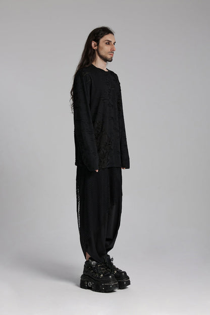 Black Round Collar Long Sleeves Ripped Mesh Punk T-shirt