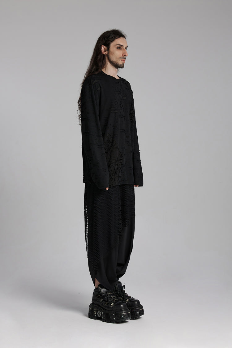 Black Round Collar Long Sleeves Ripped Mesh Punk T-shirt