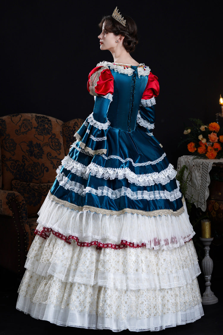 Blue/ivory Round Collar Long Hime Sleeves Triple-layered Ruffled Open-front Bow Lace Classic Palace Lolita Victorian Dress