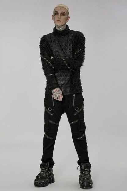 Black High Collar Stitching Ripped Steampunk Blouse