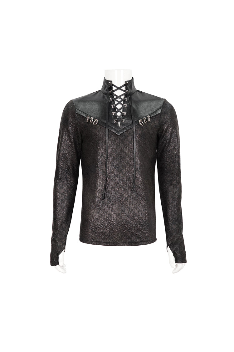Black Stand Collar Long Sleeves Faux Leather Splice Gothic Shirt