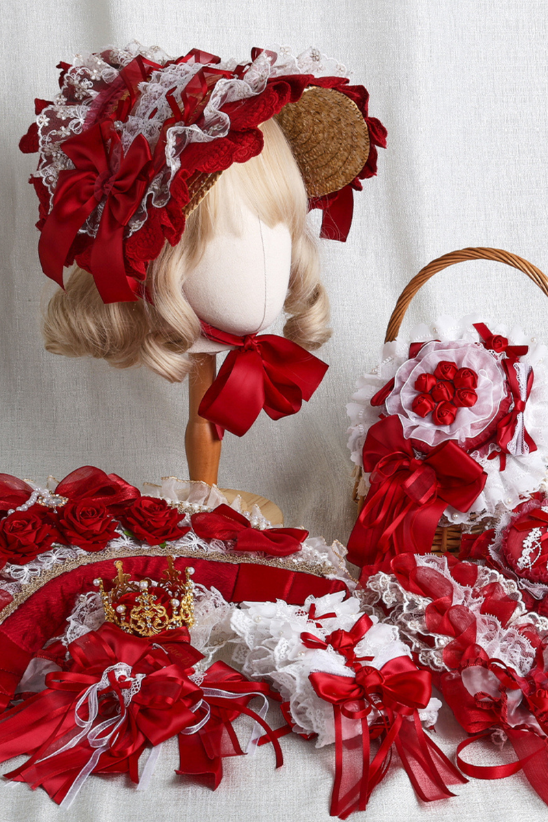 Rose Lace Lolita Bonnet + Hat + Hairband + Clip Hat + Crown