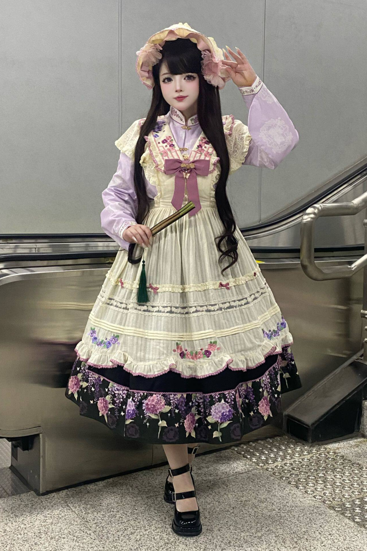 Chinese-style Lolita Top + Skirt + Apron + Headband + Bonnet