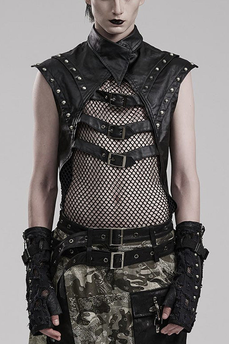 Black Faux Leather Stitching Mesh Sheer Metal Rivets Steampunk Vest
