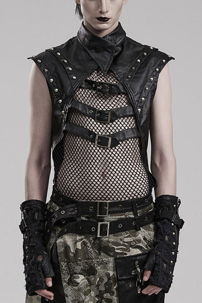 Black Faux Leather Stitching Mesh Sheer Metal Rivets Steampunk Vest