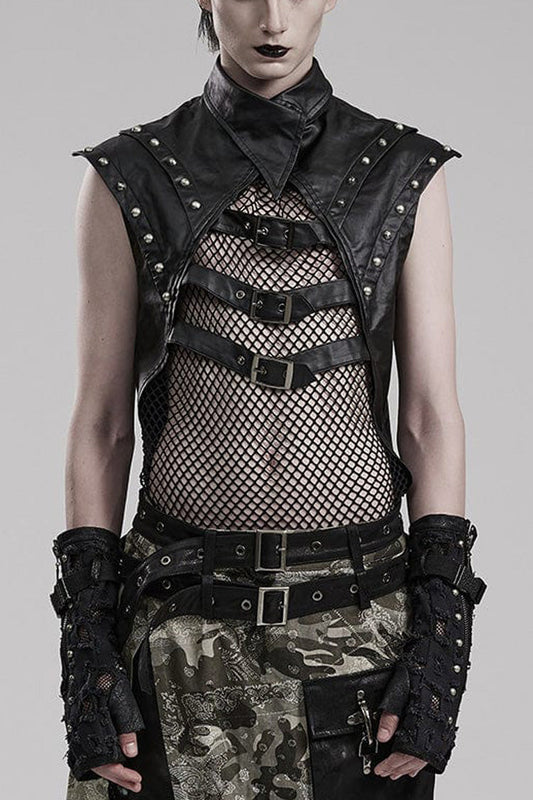 Black Faux Leather Stitching Mesh Sheer Metal Rivets Steampunk Vest