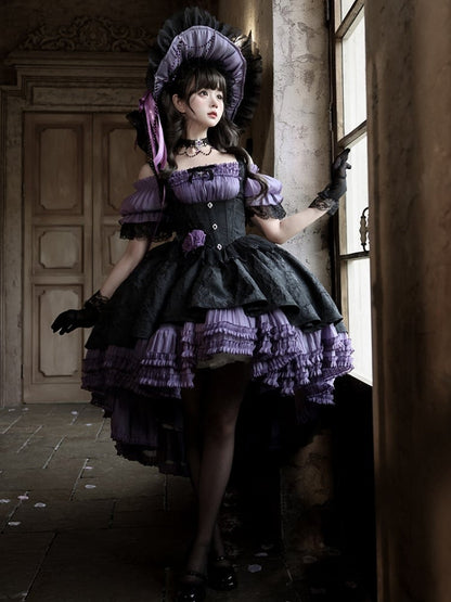 [pre-order Deadline: April 28] Purple X Black Gothic Lolita Corset Layered Jsk Dress + Off-shoulder Lace Puff Top