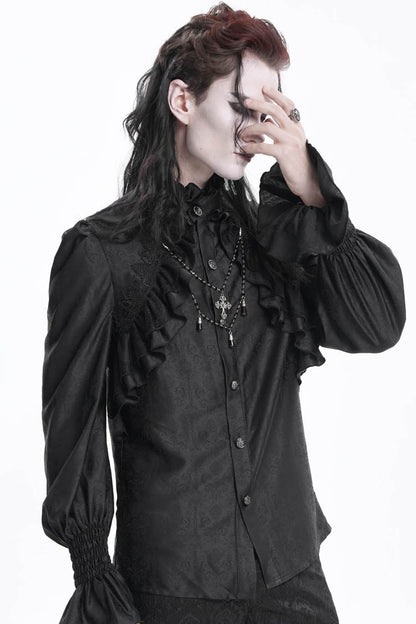 Black Stand Collar Long Sleeves Ruffle Lace Cross Gothic Blouse