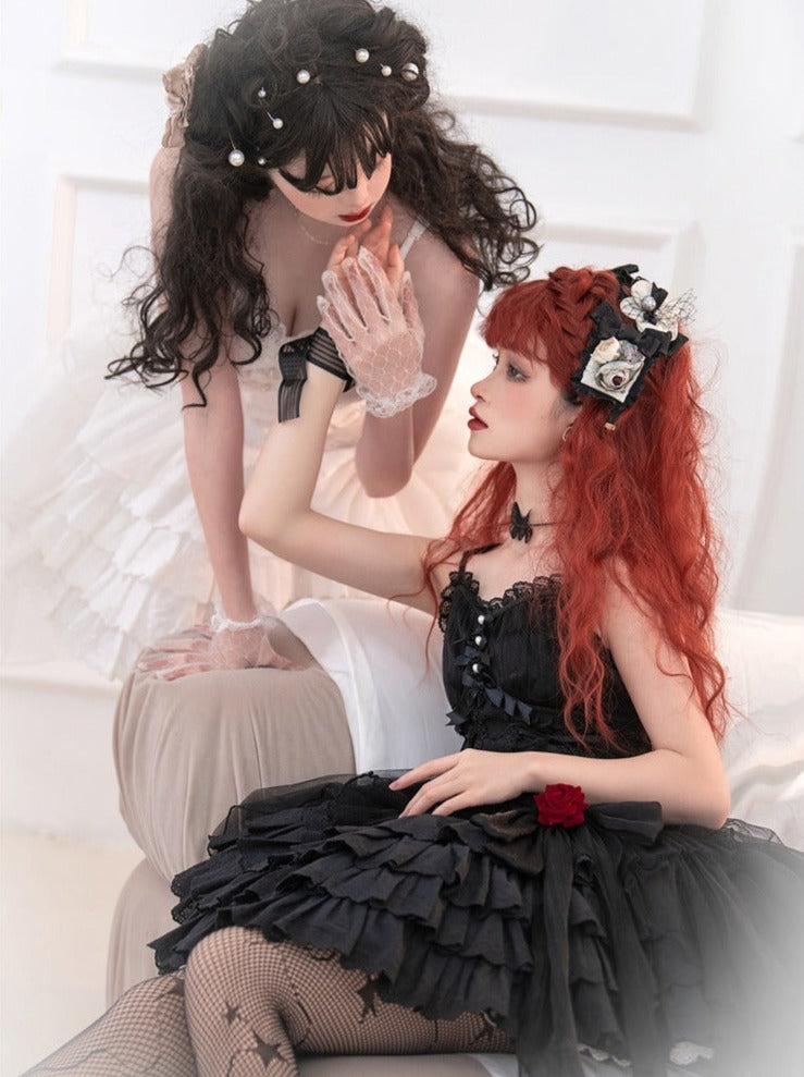 Rose Ribbon Tulle Lace Up Tiered Cami Dress