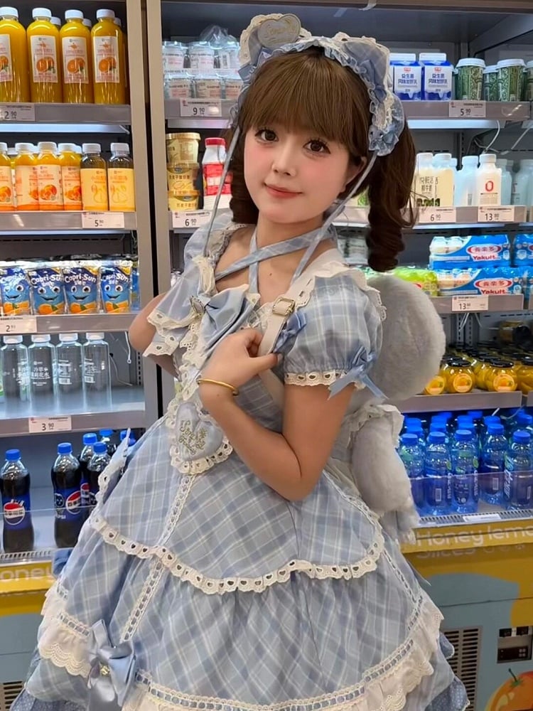 [pre-order Deadline: May 10] Blue/yellow/pink Sweetheart Lolita Ribbon Puff Sleeve Tiered Dress + Bunny Ear Full Set + Cat Ear Full Set
